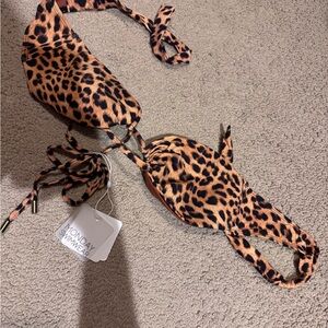 Monday Swimwear Leopard Print Triangle Bikini Top - Tan and Black